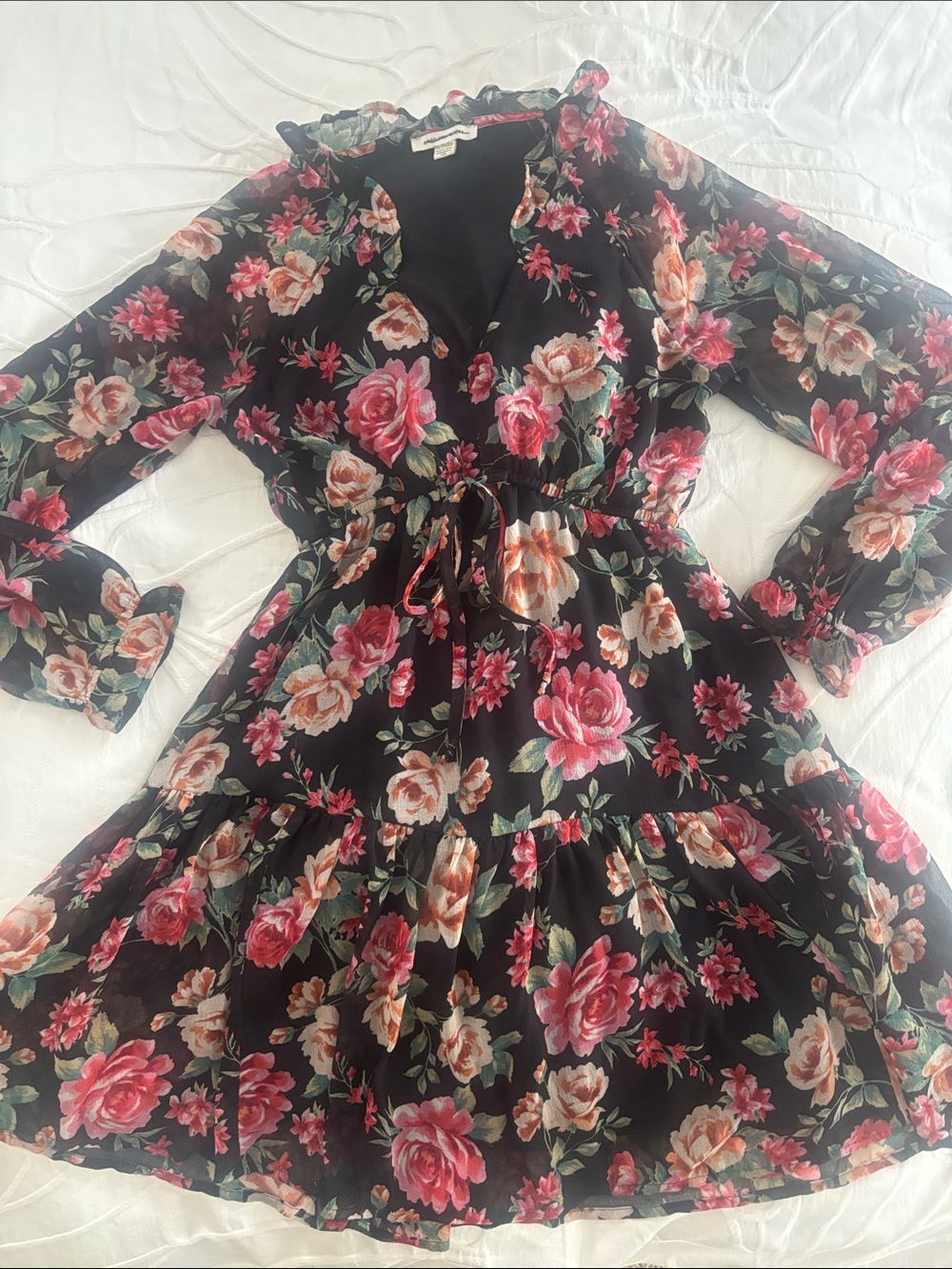 Floral Black Ruffle Tiered Dress with Tie Waist